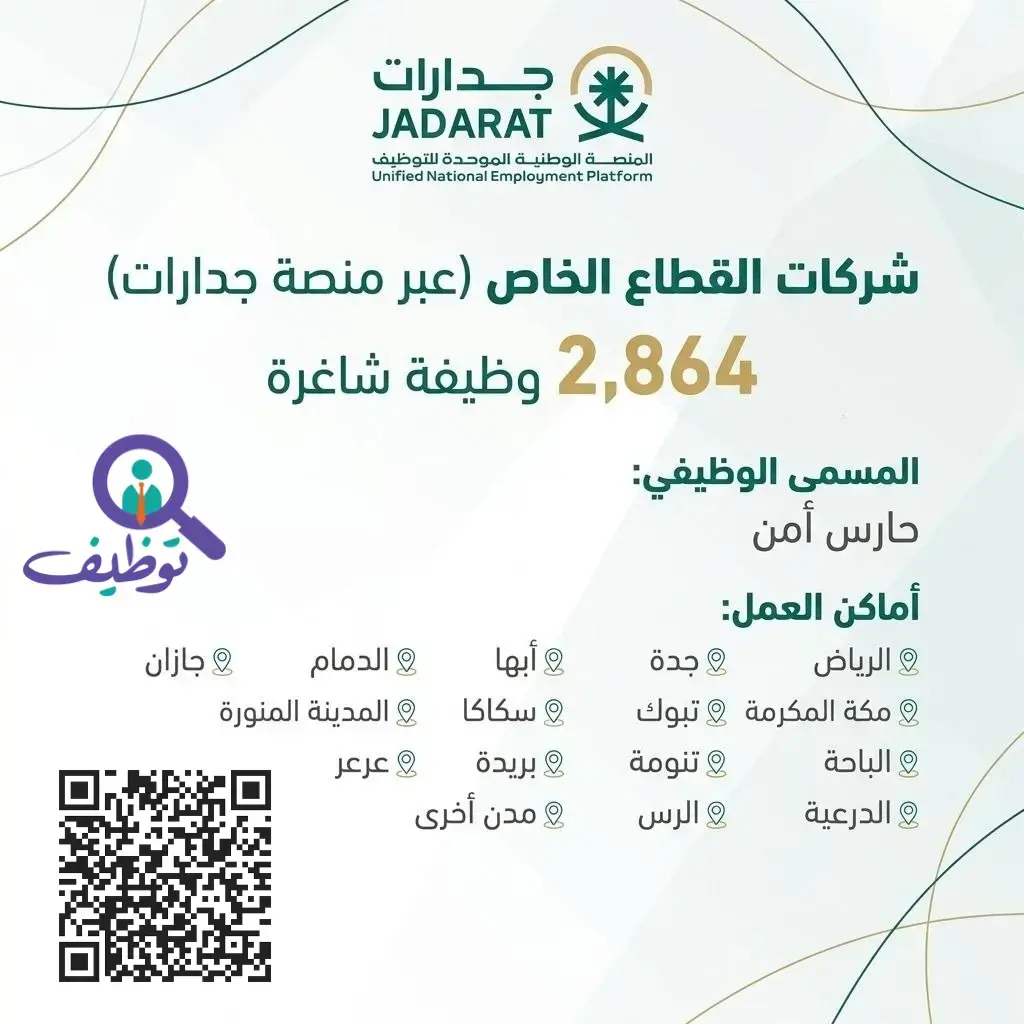 شركات القطاع الخاص تعلن 2,864 وظيفة حارس أمن في مختلف مناطق المملكة عبر منصة جدارات